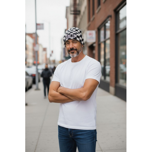 RALLY kötött visszahajtott sapka, kockás fehér